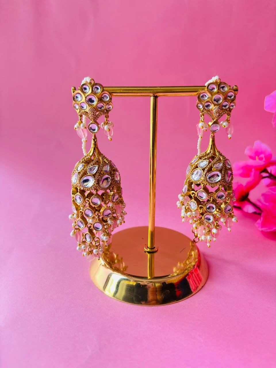 Kundan Chandbali Jhumka Earrings with Pearl & Bead Tassels - Image 2