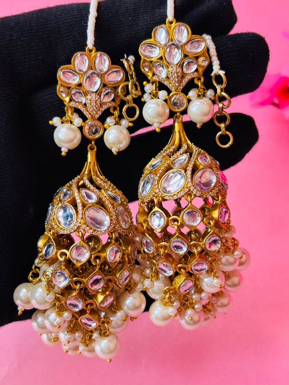 Kundan Chandbali Jhumka Earrings with Pearl & Bead Tassels - Image 6