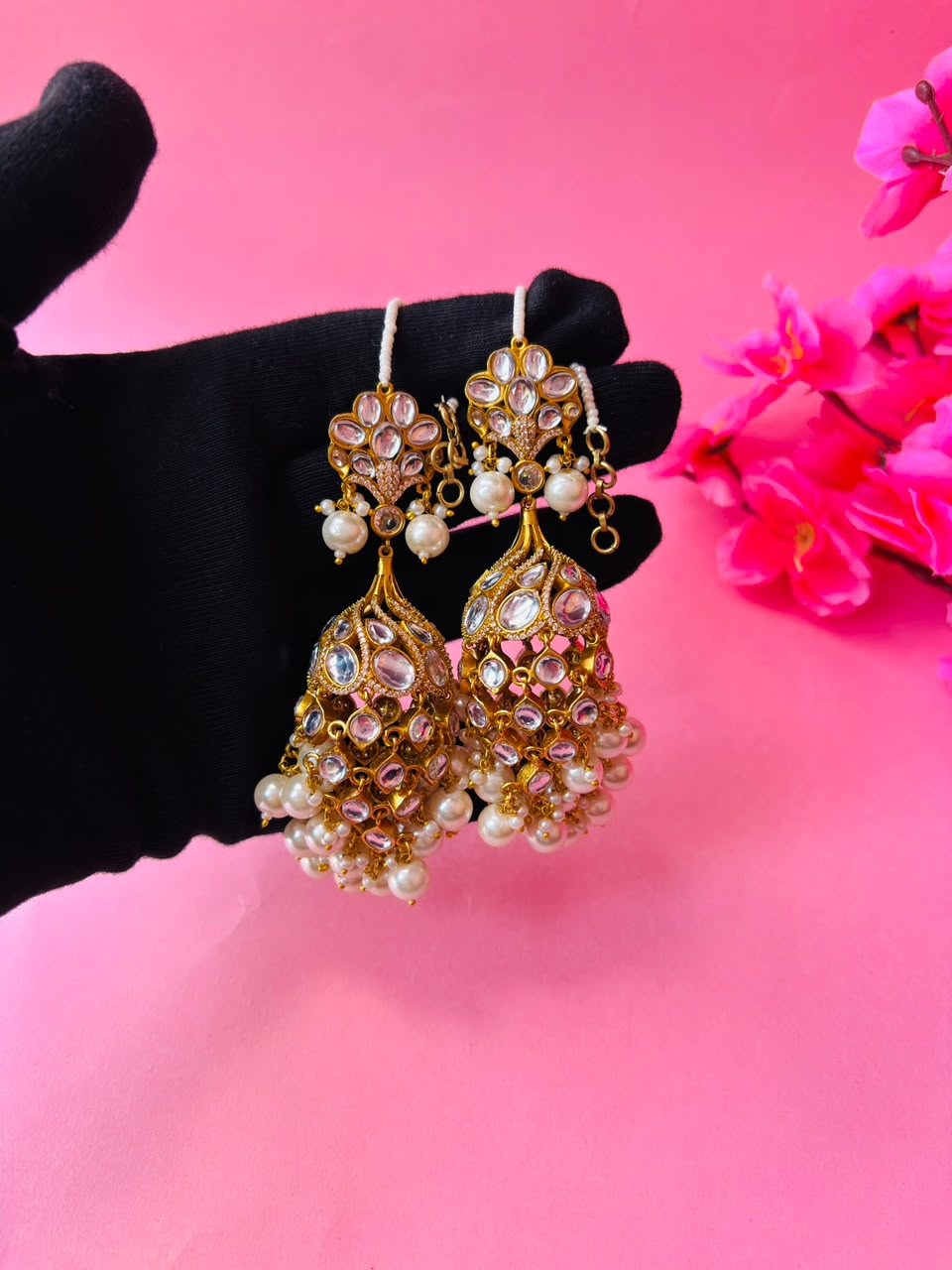 Kundan Chandbali Jhumka Earrings with Pearl & Bead Tassels - Image 5