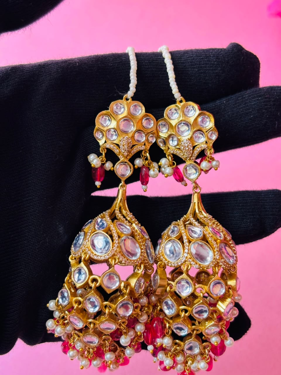 Kundan Chandbali Jhumka Earrings with Pearl & Bead Tassels - Image 6