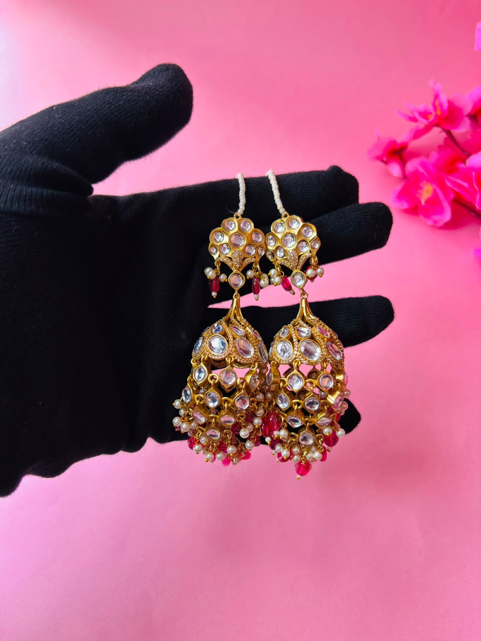 Kundan Chandbali Jhumka Earrings with Pearl & Bead Tassels - Image 5