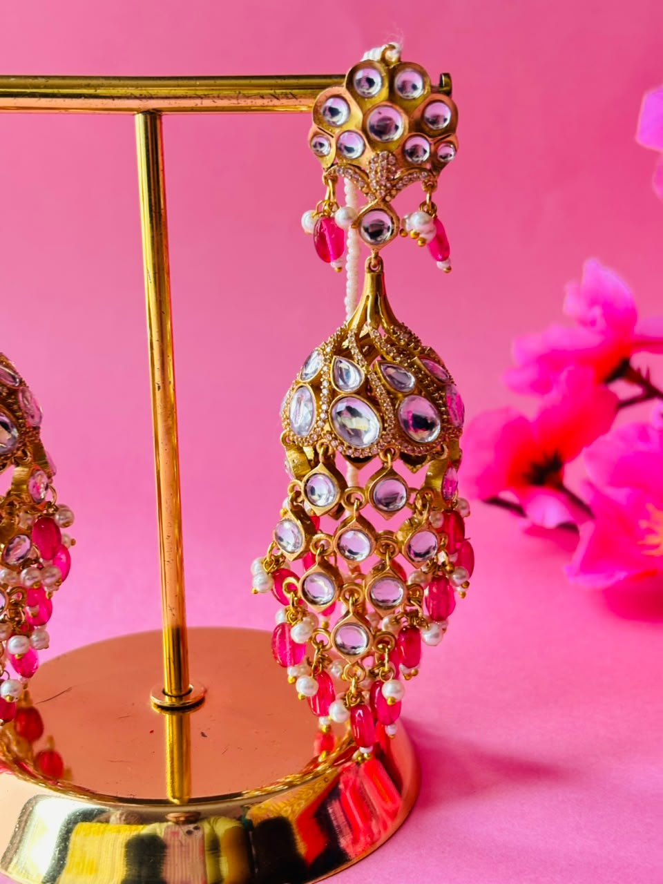 Kundan Chandbali Jhumka Earrings with Pearl & Bead Tassels - Image 3