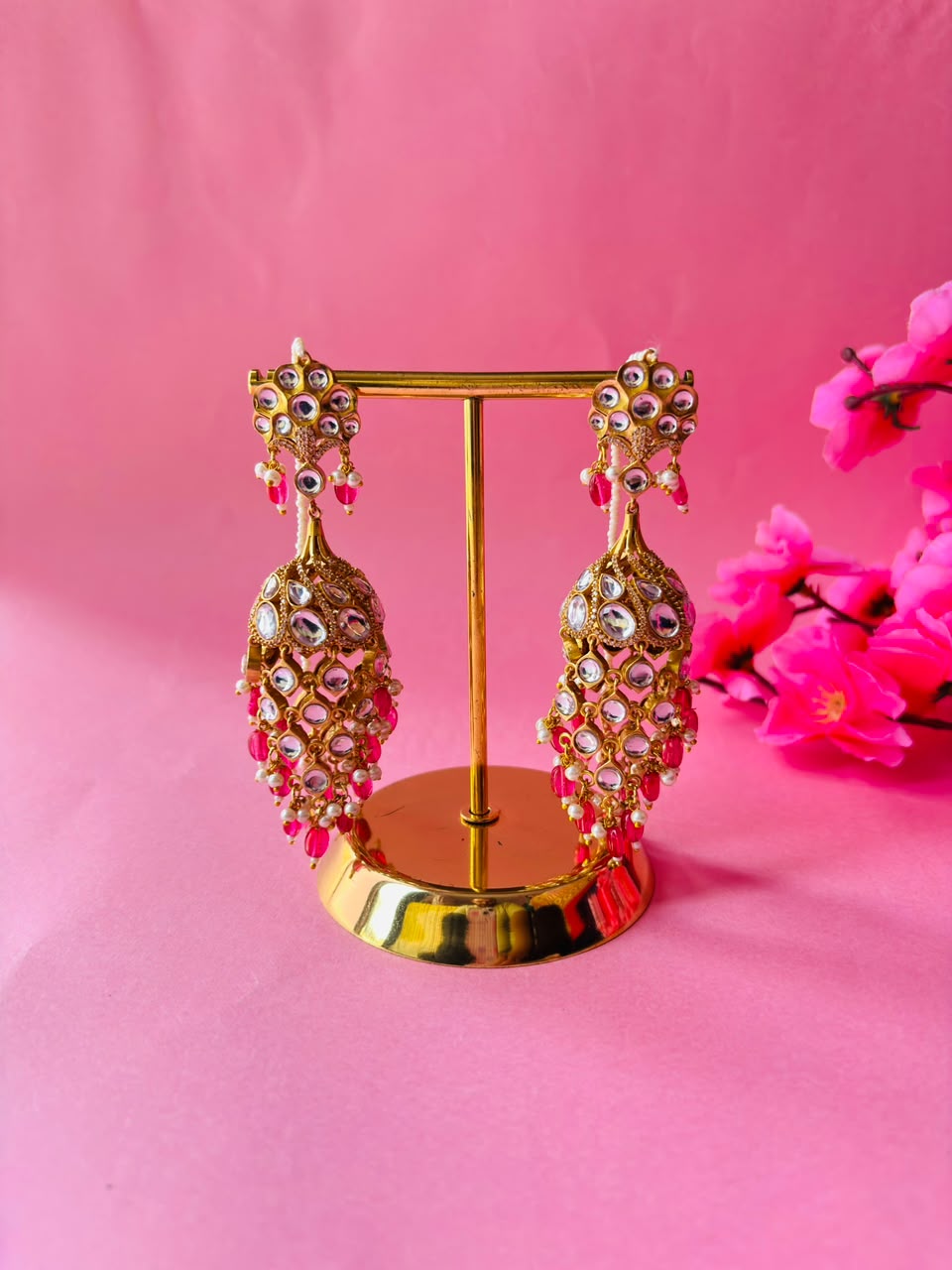 Kundan Chandbali Jhumka Earrings with Pearl & Bead Tassels - Image 2