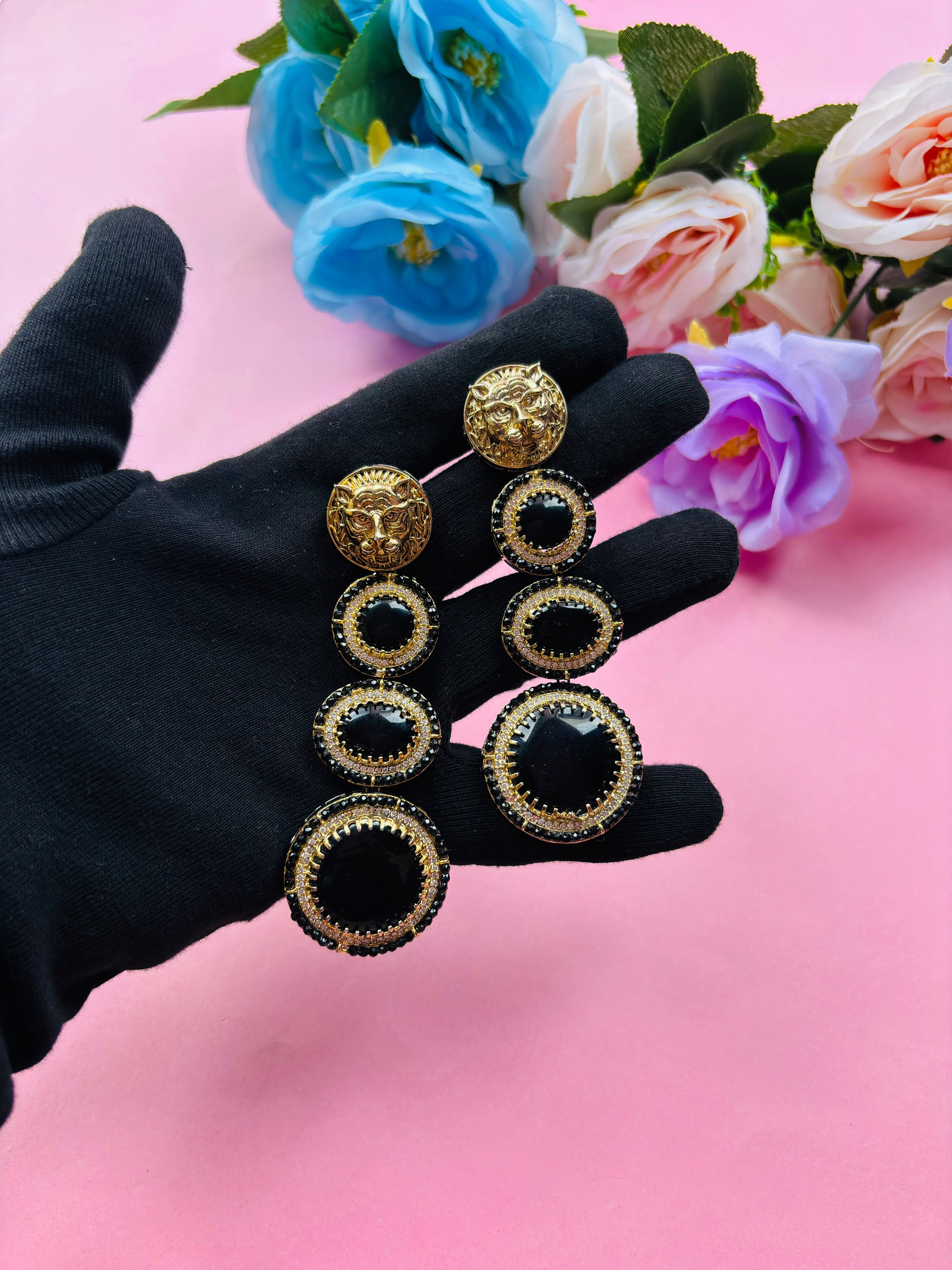 Victorian Lion Head Statement Earrings – Black Onyx - Image 2