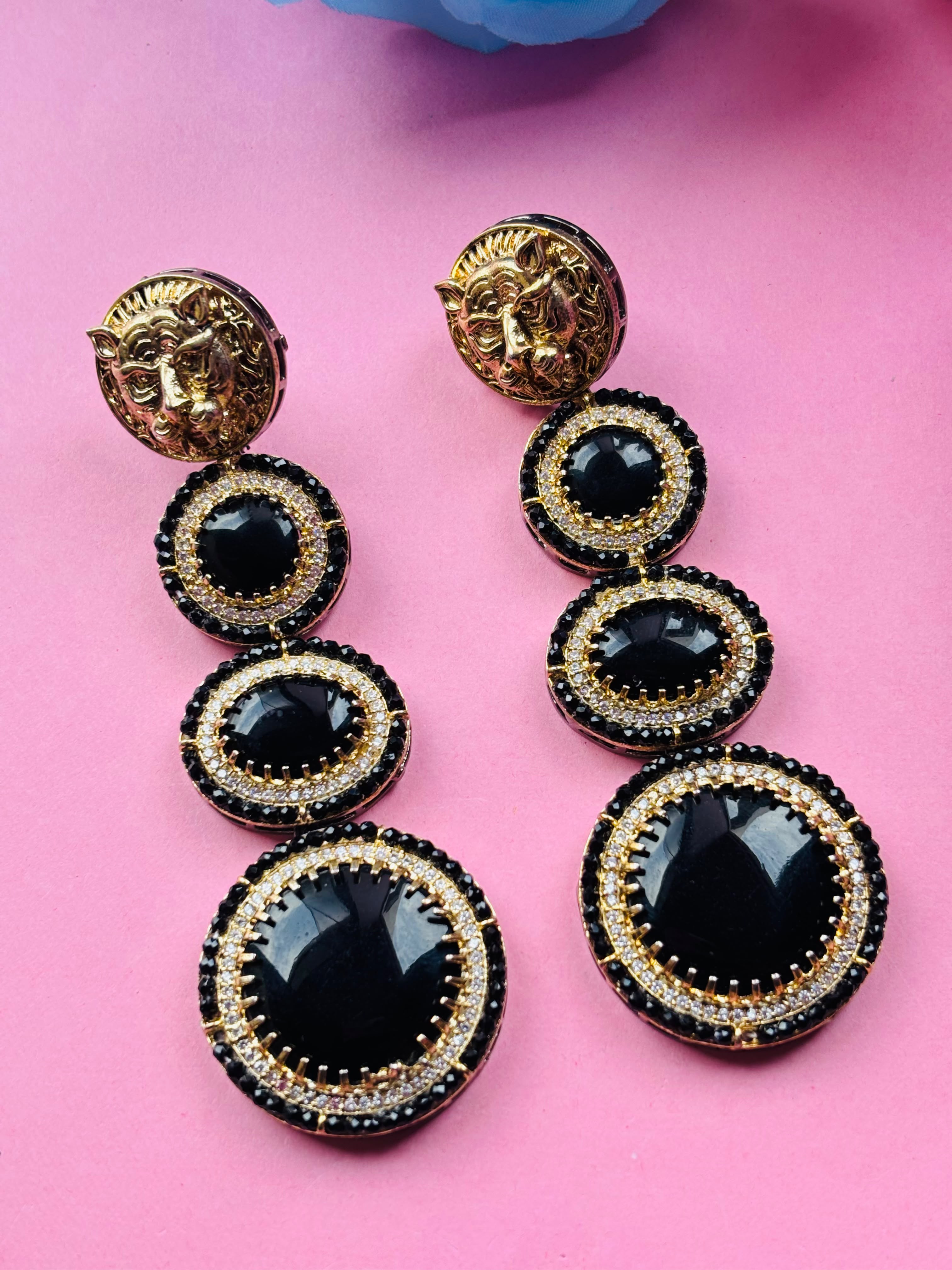 Victorian Lion Head Statement Earrings – Black Onyx - Image 3